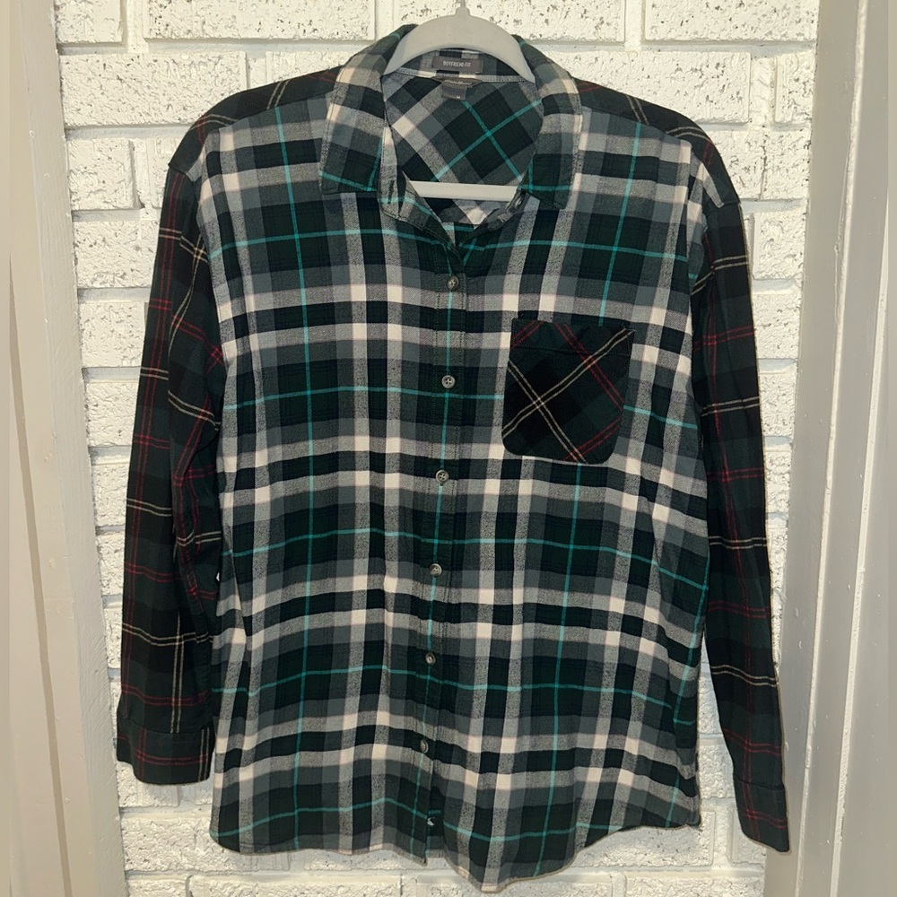 Eddie Bauer Women's Mixed Plaid Blouse - Black, Green, White